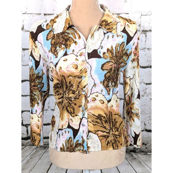 ALBERTO MAKALI Crushed Crinkle Sequined Stretch Shirt Psychedelic Artsy Medium - Picture 2 of 8